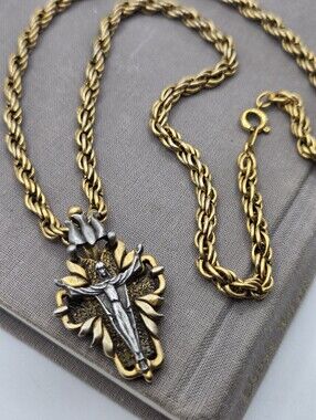 Byzantine Aesthetic Cross Chunky Rope Chain Gold Tone 2 tone VTG Camco 20” Goth